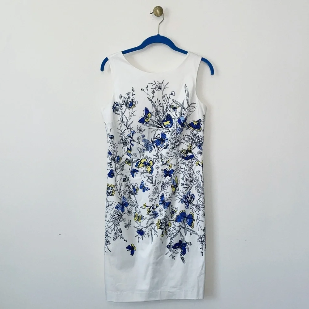 NWT Talbots Butterfly Spring Sateen Sheath Dress Cerulean Yellow White Size 4 P - Picture 6 of 9